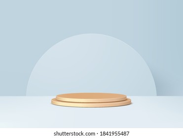 Display minimal scene with geometric gold platform. Display background vector 3d rendering with gold podium. stand to show cosmetic product. Stage display on round gold pedestal 3d studio blue scene