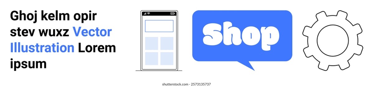 Display of a mobile device layout with text, a blue speech bubble labeled Shop, and a gear icon. Ideal for ecommerce, web development, online stores, technology settings, and digital marketing