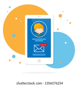 Display of mobile phone with user icon and new mail message - vector illustration