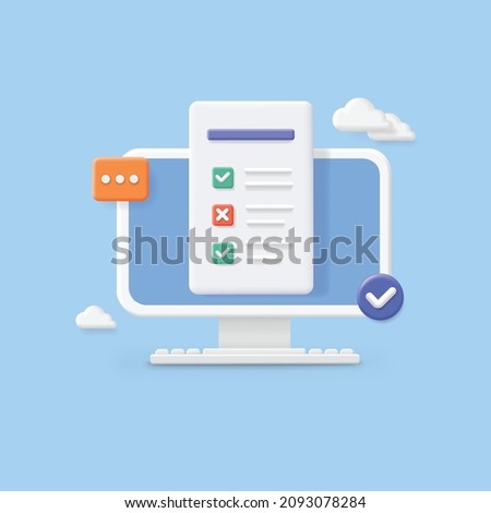 DIsplay monitor and checkbox and marks, online questionnaire results. Desktop computer with checkbox screen. Online form survey on pc 3d vector.