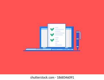 DIsplay monitor with list and checkbox and marks on desktop computer. Online form survey, checking a document or taking an exam test