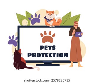 A display with Pets Protection, surrounded by a woman, a cat, a dog, leaves, and paw prints on a white background. Animal care and safety concept. Vector illustration