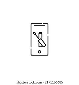 Display Of Phone. Vector Line Symbol Drawn In Modern Flat Style. Perfect For Web Site, Stores, Internet Pages. Editable Stroke. Line Icon Of Mascara Or Lip Gloss On Display Of Phone 