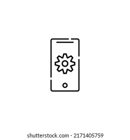 Display of phone. Vector line symbol drawn in modern flat style. Perfect for web site, stores, internet pages. Editable stroke. Line icon of gear or cogwheel on display of phone 