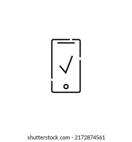 Display of phone. Vector line symbol drawn in modern flat style. Perfect for web site, stores, internet pages. Editable stroke. Line icon of checkmark on display of phone 