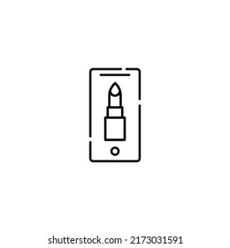 Anzeige des Telefons. Vektorliniensymbol im modernen Flachstil. Ideal für Webseiten, Läden, Internetseiten. Bearbeitbarer Strich. Liniensymbol von Lippenstift auf Anzeige des Telefons 
