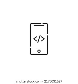 Mostrar el teléfono. Símbolo de línea vectorial dibujado en un estilo plano moderno. Perfecto para sitios web, tiendas, páginas de internet. Trazo editable. Icono de línea del código del programa en la pantalla del teléfono