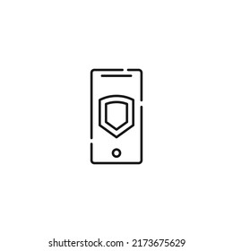 Display of phone. Vector line symbol drawn in modern flat style. Perfect for web site, stores, internet pages. Editable stroke. Line icon of armor or shield on display of phone 