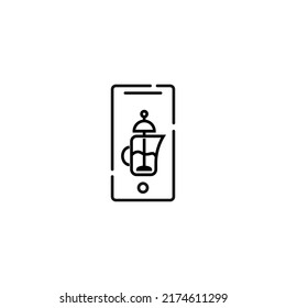 Display of phone. Vector line symbol drawn in modern flat style. Perfect for web site, stores, internet pages. Editable stroke. Line icon of teapot on display of phone 