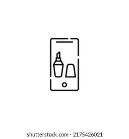 Display of phone. Vector line symbol drawn in modern flat style. Perfect for web site, stores, internet pages. Editable stroke. Line icon of lip stick on display of phone 
