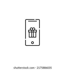 Display of phone. Vector line symbol drawn in modern flat style. Perfect for web site, stores, internet pages. Editable stroke. Line icon of giftbox on display of phone