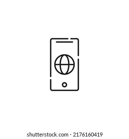 Display of phone. Vector line symbol drawn in modern flat style. Perfect for web site, stores, internet pages. Editable stroke. Line icon of globe or earth on display of phone