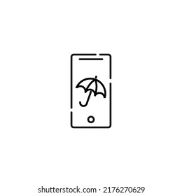 Display of phone. Vector line symbol drawn in modern flat style. Perfect for web site, stores, internet pages. Editable stroke. Line icon of umbrella on display of phone 