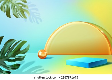 Display podium in 3d. Blue square with glass half disc in background and tropical leaves.