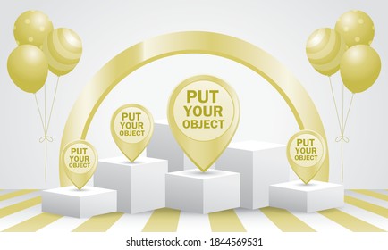 Display podium with balloon 3D illustration vector in white and gold color theme for putting your object.