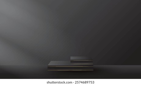 display podium black luxury gold modern presentation product background vector. stage empty dark design pedestal minimal showcase template space stand. studio mockup abstract light platform backdrop.