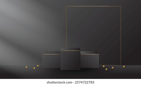 display podium black luxury gold modern presentation product background vector. stage empty dark design pedestal minimal showcase template space stand. studio mockup abstract light platform backdrop.