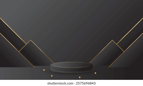 display podium black luxury gold modern presentation product background vector. stage empty dark design pedestal minimal showcase template space stand. studio mockup abstract light platform backdrop.