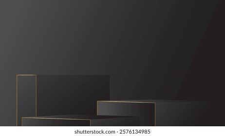 display podium black luxury gold modern presentation product background vector. stage empty dark design pedestal minimal showcase template space stand. studio mockup abstract light platform backdrop.