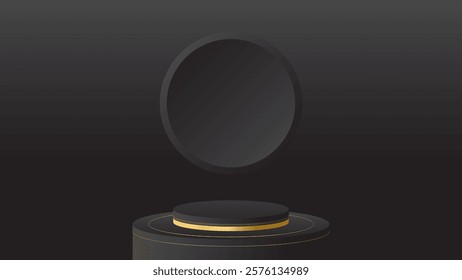 display podium black luxury gold modern presentation product background vector. stage empty dark design pedestal minimal showcase template space stand. studio mockup abstract light platform backdrop.