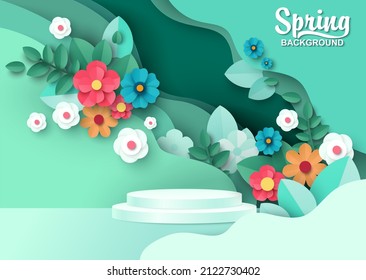 Modelación del podio, flor y hojas de primavera de corte de papel, ilustración vectorial. Fondo natural de primavera, pedestal, escenario para anuncios de belleza y productos cosméticos.