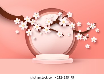 Display podium mockup, paper cut sakura tree branch with flowers, cherry blossom, vector illustration. Spring background, floral pedestal, stage for beauty and cosmetic product ads.