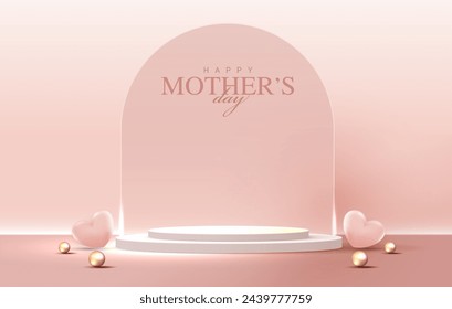 Display podium for Mother's day and Valentine's Day with heart. minimal pink background. product display presentation. studio room concept, minimal wall scene. vector design.