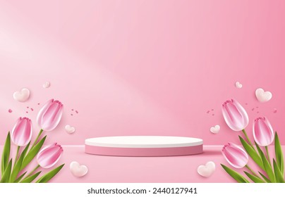 Podio de exhibición para el día de la madre, Día de San Valentín con corazón y flor. fondo rosa mínimo. presentación de la exhibición del producto. concepto de la habitación del estudio, escena mínima de la pared. diseño vectorial.