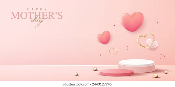 Display podium for Mother's day and Valentine's Day with heart. minimal pink background. product display presentation. studio room concept, minimal wall scene. vector design.