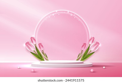 Display podium for Mother's day, Valentine's Day with heart and flower. minimal pink background. product display presentation. studio room concept, minimal wall scene. vector design.