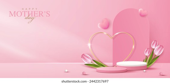 Podio de exhibición para el día de la madre, Día de San Valentín con corazón y flor. fondo rosa mínimo. presentación de la exhibición del producto. concepto de la habitación del estudio, escena mínima de la pared. diseño vectorial.