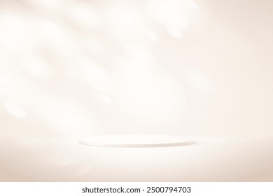 Display podium product light beige and white podium. Beige background vector 3d with podium. Empty room with shadow leaves. Space for selling products on the website.