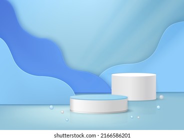 Display podium product light blue and white podiumwith fluid wave shape scene and ball. Stage for product. Vector illustration