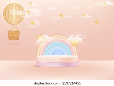 Display podium product orange and pink. Abstract 3D product background soft blue rendering with backdrop of colorful curves with stars, clouds and balloons. Vector illustration
