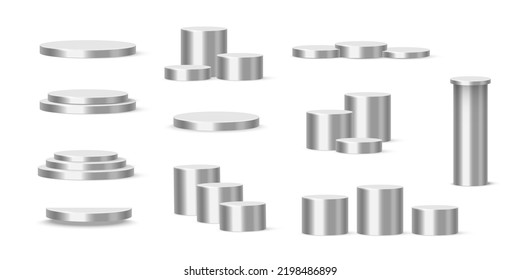 Display podium scene with geometric platform set vector illustration. 3d realistic soft silver cylinder stage with stairs in showroom, collection of pedestals for cosmetic products with gray shadow.
