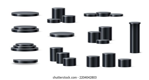 Display podium scene with geometric platform set vector illustration. 3d realistic soft black cylinder stage with stairs in showroom, collection of pedestals for cosmetic products with gray shadow.