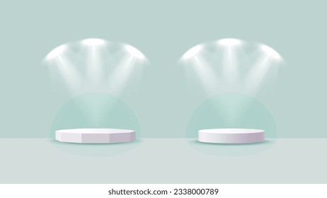 Display podium and stage with spot light. A template for presenting products, special promotions or award ceremony. A circular pedestal that is realistically illuminated by spotlights. Vector.