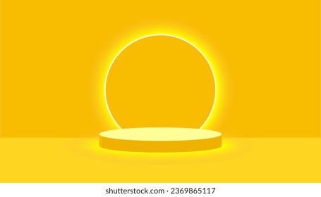 Display podium and stage with yellow glowing neon backdrop. Award ceremony concept with spotlight. Stage backdrop. Vector illustration