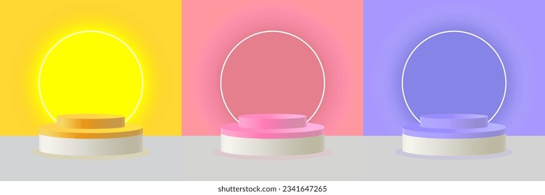 Display podium and stage with yellow, pink and purple glowing neon backdrop. A template for presenting products, special promotions or award ceremony. Vector.