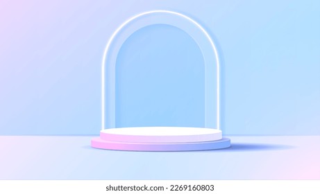Display podium or stand with blue and pink gradient for product presentation in pastel colors room. minimal style ideal for presentation product platform, advertisement, package showing. vector.