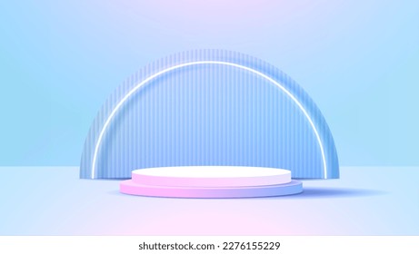 Display podium or stand with blue and pink gradient for product presentation in pastel colors room. minimal style ideal for presentation product platform, advertisement, package showing. vector.