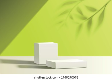 Display podiums for natural products decorated with sunlight and blurred leaf shadows, 3d illustration