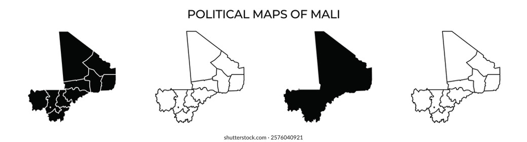 Display of political maps of Mali showcasing various regions and administrative divisions in distinct color patterns. Each map represents a unique aspect of territorial organization.