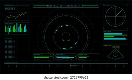 La pantalla presenta información táctica y análisis para operaciones estratégicas. Las visualizaciones de datos incluyen gráficos e indicadores direccionales para la conciencia situacional.