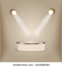 Display product empty light brown round pedestal with light lamp. Stage for product. Vector illustration
