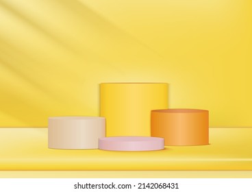 Display product empty orange, pink, brown round pedestal on yellow background. Stage for product. Vector illustration