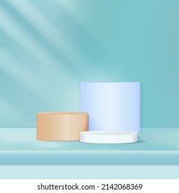 Display product empty white, soft blue, brown round pedestal on soft green background. Stage for product. Vector illustration