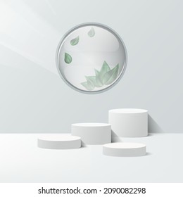 Display product podium. 3D realistic white cylinder shpe platform with green leaf decoration. You can use for show cosmetic products, stage showcase, mockup. Vector 