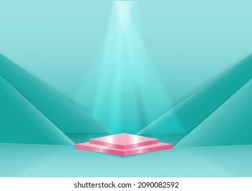 Display product podium. 3D realistic soft pink  shape platform with triangle green shape backdrop. You can use for show cosmetic products, stage showcase, mockup. Vector