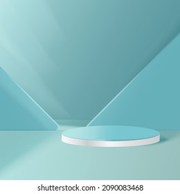 Display product podium. 3D realistic soft green mint shape platform with triangle shape backdrop. You can use for show cosmetic products, stage showcase, mockup. Vector